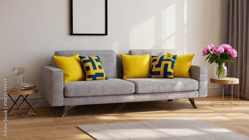This image showcases a modern, well-decorated living room with a gray sofa as the centerpiece.