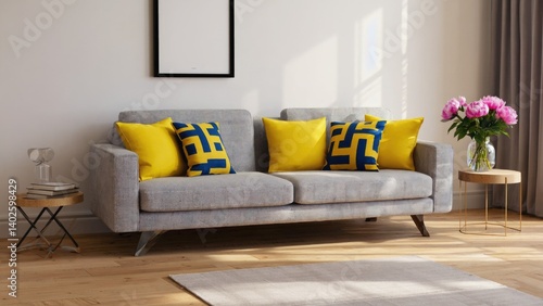 Obraz na płótnie This image showcases a modern, well-decorated living room with a gray sofa as the centerpiece. w salonie