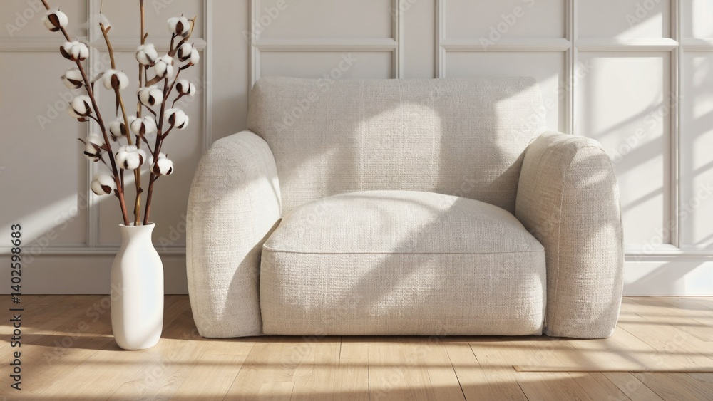 Ultra-modern, comfortable lounge chair in a sunny room with stylish wooden floors, vase with flowers, decorative pillow and natural lighting.