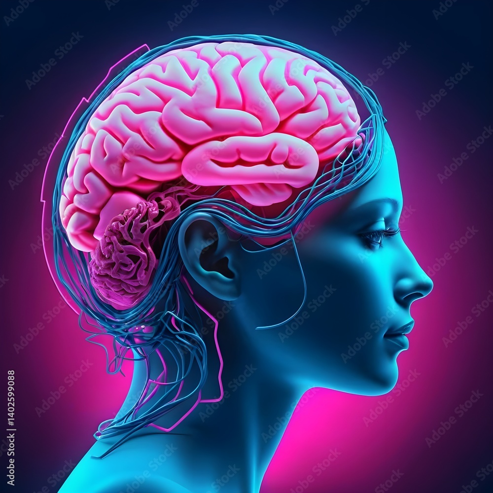 Obraz premium Human Brain Anatomy, Neurological Network, Female Profile