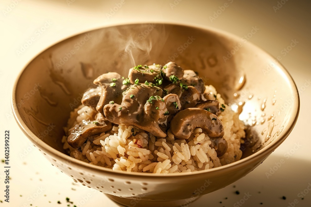 cooked rice delicately intertwined with a rich, savory mushroom sauce cooked rice delicately intertwined with a rich, savory mushroom sauce