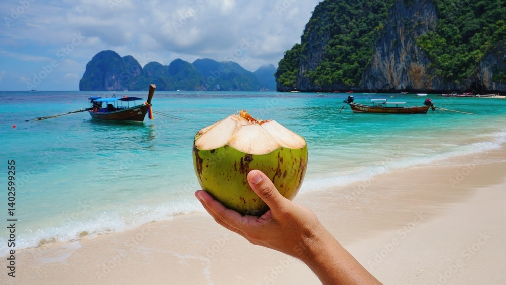 Hand holding a coconut by the beach, with boats in the background.