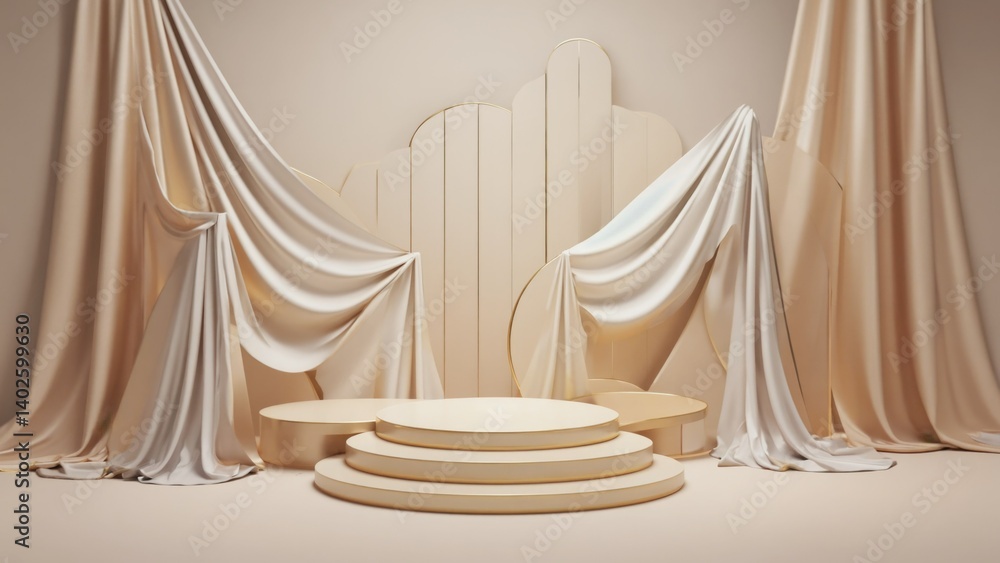 Theatrical stage with drapery and set pieces in a neutral color palette.