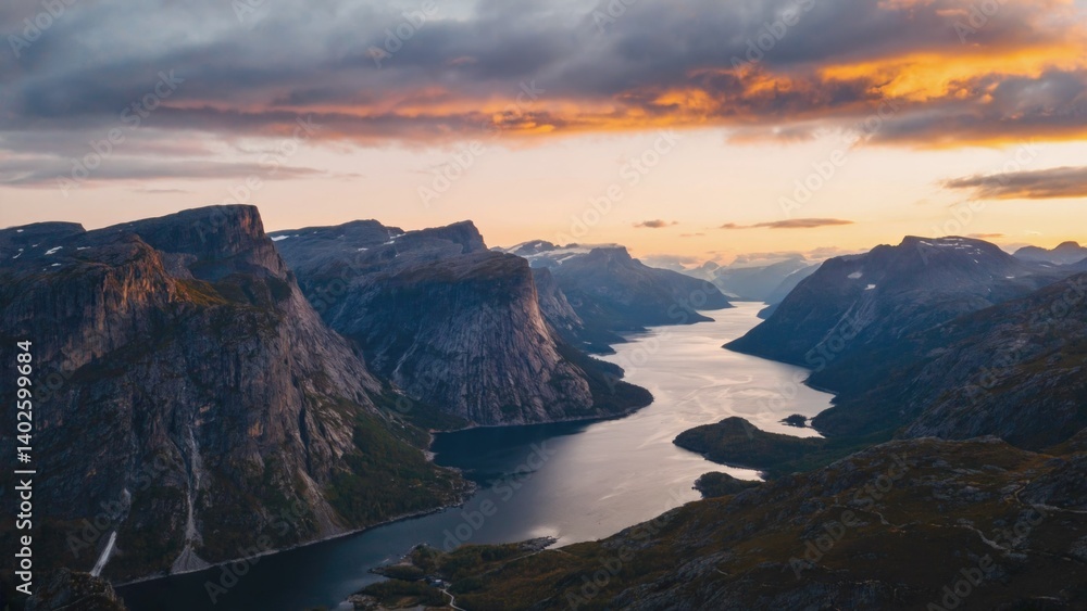 Scenic view of mountains and lake at sunset.