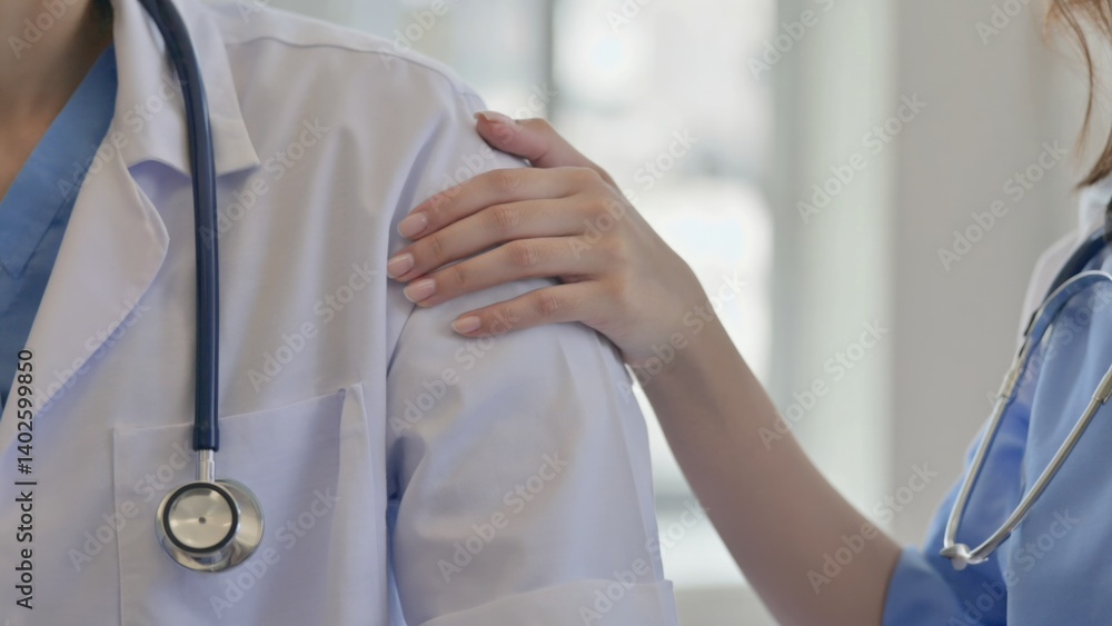 A healthcare professional with a stethoscope consoling a patient.