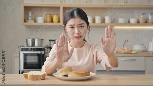 Obraz na płótnie A woman in a kitchen with her hands raised, refusing bread. The plate of food and the kitchen setting suggest she may be preparing to eat breakfast. w salonie