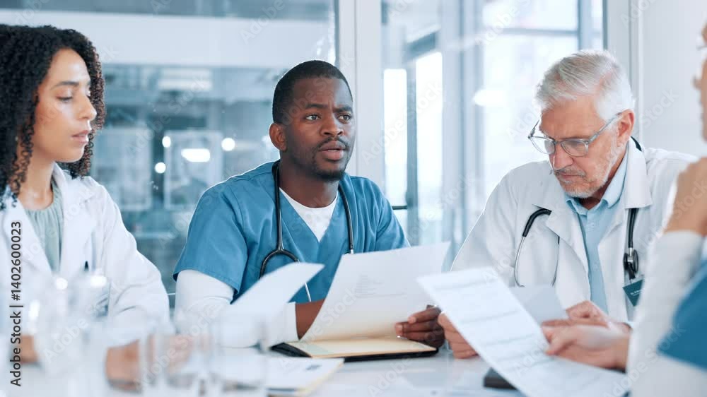 Paperwork, talking or doctors in meeting with teamwork, planning and treatment results in hospital. Healthcare, medicine report and people with documents for medical info, clinic schedule or research Paperwork, talking or doctors in meeting with teamwork, planning and treatment results in hospital. Healthcare, medicine report and people with documents for medical info, clinic schedule or research