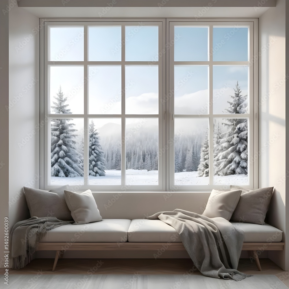 Fototapeta premium Cozy Winter Window Seat with Snowy Mountain View