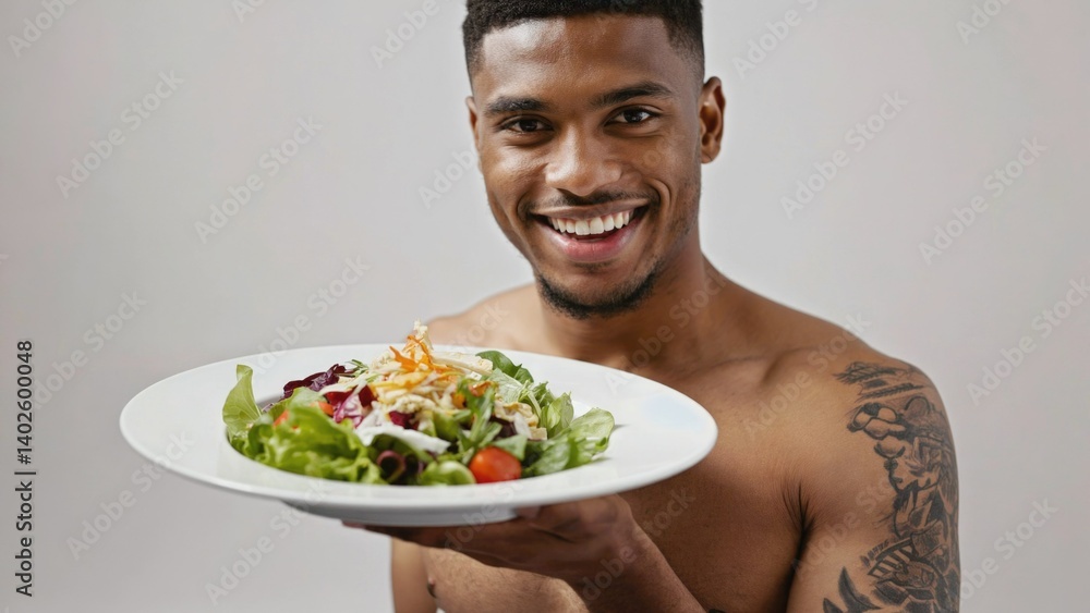 A young man presenting a plate of salad, emphasizing healthy eating and active lifestyle.
