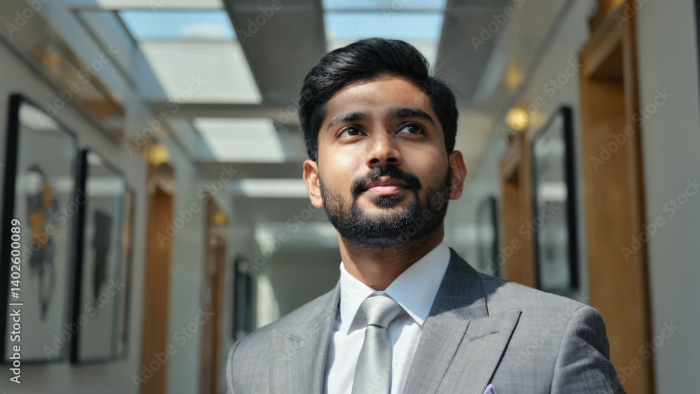 Portrait of man in business attire standing confidently with hands on hips.