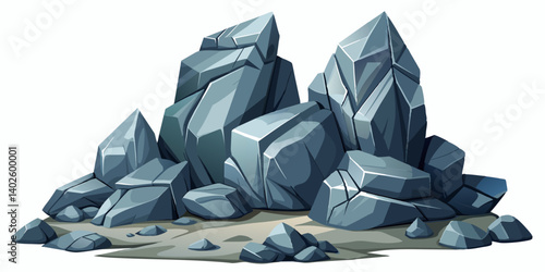 Pile of grey stone. Rock cartoon. Cobble stone game objects. Boulder, stones and rocks element, isometric 3d flat style. 2d rock asset. Mountain grey stones. Vector grey rock stone, isolated on white 