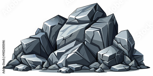 Pile of grey stone. Rock cartoon. Cobble stone game objects. Boulder, stones and rocks element, isometric 3d flat style. 2d rock asset. Mountain grey stones. Vector grey rock stone, isolated on white 