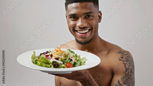 Obraz na płótnie A young man presenting a plate of salad, emphasizing healthy eating and active lifestyle. w salonie