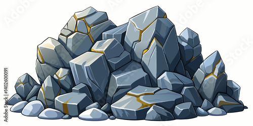 Pile of grey stone. Rock cartoon. Cobble stone game objects. Boulder, stones and rocks element, isometric 3d flat style. 2d rock asset. Mountain grey stones. Vector grey rock stone, isolated on white 