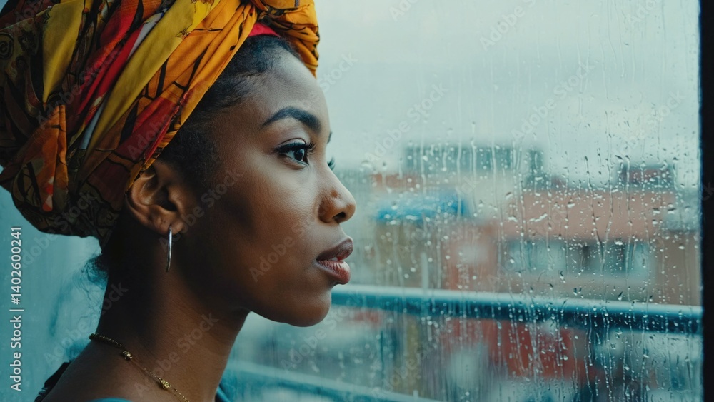Woman gazing out the window during rain, contemplating her thoughts.