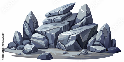 Pile of grey stone. Rock cartoon. Cobble stone game objects. Boulder, stones and rocks element, isometric 3d flat style. 2d rock asset. Mountain grey stones. Vector grey rock stone, isolated on white 