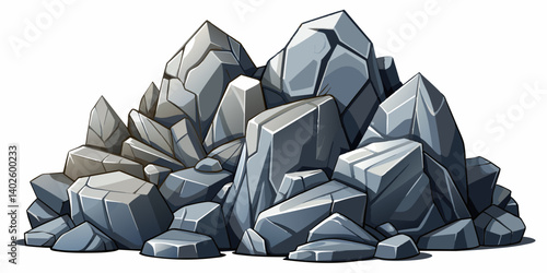 Pile of grey stone. Rock cartoon. Cobble stone game objects. Boulder, stones and rocks element, isometric 3d flat style. 2d rock asset. Mountain grey stones. Vector grey rock stone, isolated on white 