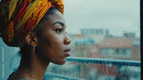 Obraz na płótnie Woman gazing out the window during rain, contemplating her thoughts. w salonie