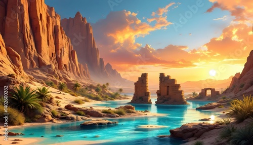 Sunset Oasis Landscape with Ancient Ruins and Turquoise Waters