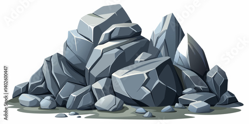 Pile of grey stone. Rock cartoon. Cobble stone game objects. Boulder, stones and rocks element, isometric 3d flat style. 2d rock asset. Mountain grey stones. Vector grey rock stone, isolated on white 