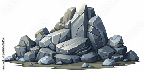 Pile of grey stone. Rock cartoon. Cobble stone game objects. Boulder, stones and rocks element, isometric 3d flat style. 2d rock asset. Mountain grey stones. Vector grey rock stone, isolated on white 