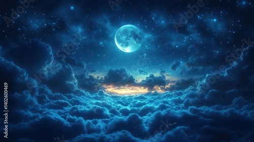 Serene night sky with a glowing moon illuminating soft clouds and distant stars, evoking tranquility