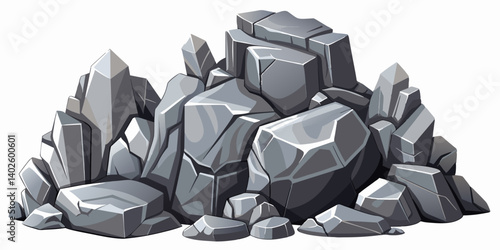 Pile of grey stone. Rock cartoon. Cobble stone game objects. Boulder, stones and rocks element, isometric 3d flat style. 2d rock asset. Mountain grey stones. Vector grey rock stone, isolated on white 