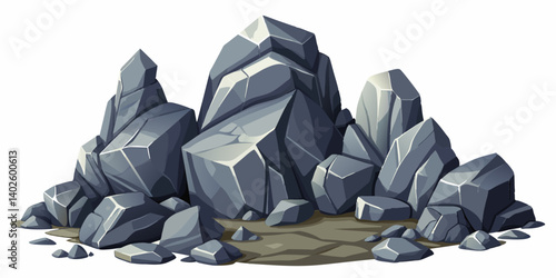 Pile of grey stone. Rock cartoon. Cobble stone game objects. Boulder, stones and rocks element, isometric 3d flat style. 2d rock asset. Mountain grey stones. Vector grey rock stone, isolated on white 