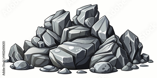 Pile of grey stone. Rock cartoon. Cobble stone game objects. Boulder, stones and rocks element, isometric 3d flat style. 2d rock asset. Mountain grey stones. Vector grey rock stone, isolated on white 