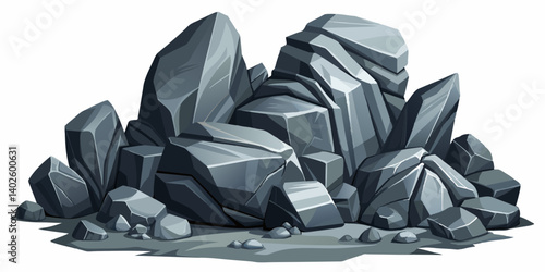 Pile of grey stone. Rock cartoon. Cobble stone game objects. Boulder, stones and rocks element, isometric 3d flat style. 2d rock asset. Mountain grey stones. Vector grey rock stone, isolated on white 