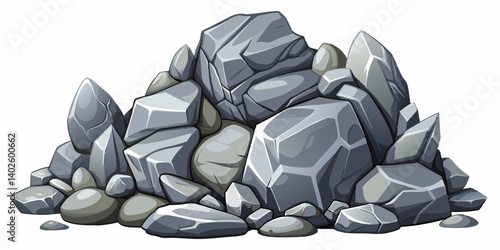 Pile of grey stone. Rock cartoon. Cobble stone game objects. Boulder, stones and rocks element, isometric 3d flat style. 2d rock asset. Mountain grey stones. Vector grey rock stone, isolated on white 