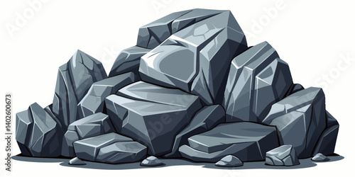 Pile of grey stone. Rock cartoon. Cobble stone game objects. Boulder, stones and rocks element, isometric 3d flat style. 2d rock asset. Mountain grey stones. Vector grey rock stone, isolated on white 