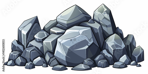 Pile of grey stone. Rock cartoon. Cobble stone game objects. Boulder, stones and rocks element, isometric 3d flat style. 2d rock asset. Mountain grey stones. Vector grey rock stone, isolated on white 