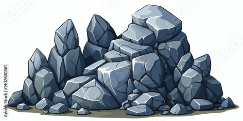 Pile of grey stone. Rock cartoon. Cobble stone game objects. Boulder, stones and rocks element, isometric 3d flat style. 2d rock asset. Mountain grey stones. Vector grey rock stone, isolated on white 