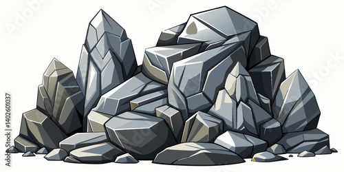Pile of grey stone. Rock cartoon. Cobble stone game objects. Boulder, stones and rocks element, isometric 3d flat style. 2d rock asset. Mountain grey stones. Vector grey rock stone, isolated on white 