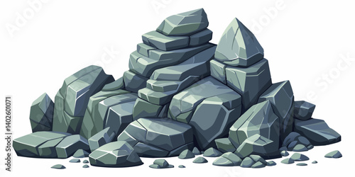 Pile of grey stone. Rock cartoon. Cobble stone game objects. Boulder, stones and rocks element, isometric 3d flat style. 2d rock asset. Mountain grey stones. Vector grey rock stone, isolated on white 