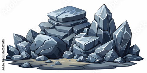 Pile of grey stone. Rock cartoon. Cobble stone game objects. Boulder, stones and rocks element, isometric 3d flat style. 2d rock asset. Mountain grey stones. Vector grey rock stone, isolated on white 