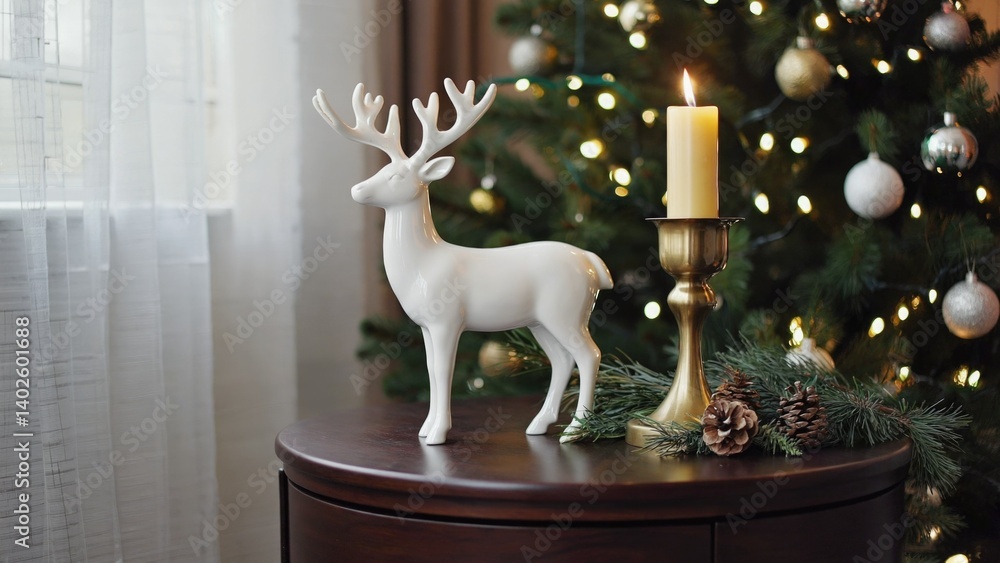 Table setting with holiday decorations, including a small reindeer figure and candle.