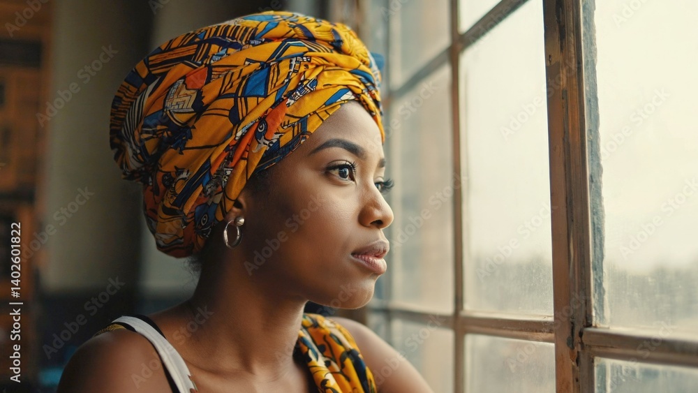 A woman looking out a window wearing a colorful head wrap, reflective clothing and jewelry.