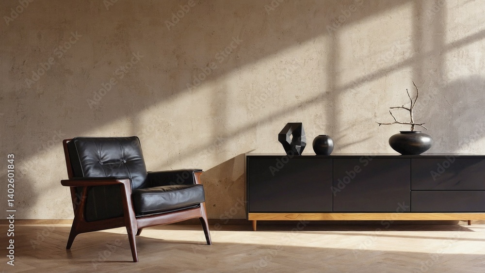A modern living space with a sleek leather chair and contemporary furniture against natural light.