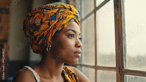Obraz na płótnie A woman looking out a window wearing a colorful head wrap, reflective clothing and jewelry. w salonie