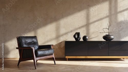 Obraz na płótnie A modern living space with a sleek leather chair and contemporary furniture against natural light. w salonie