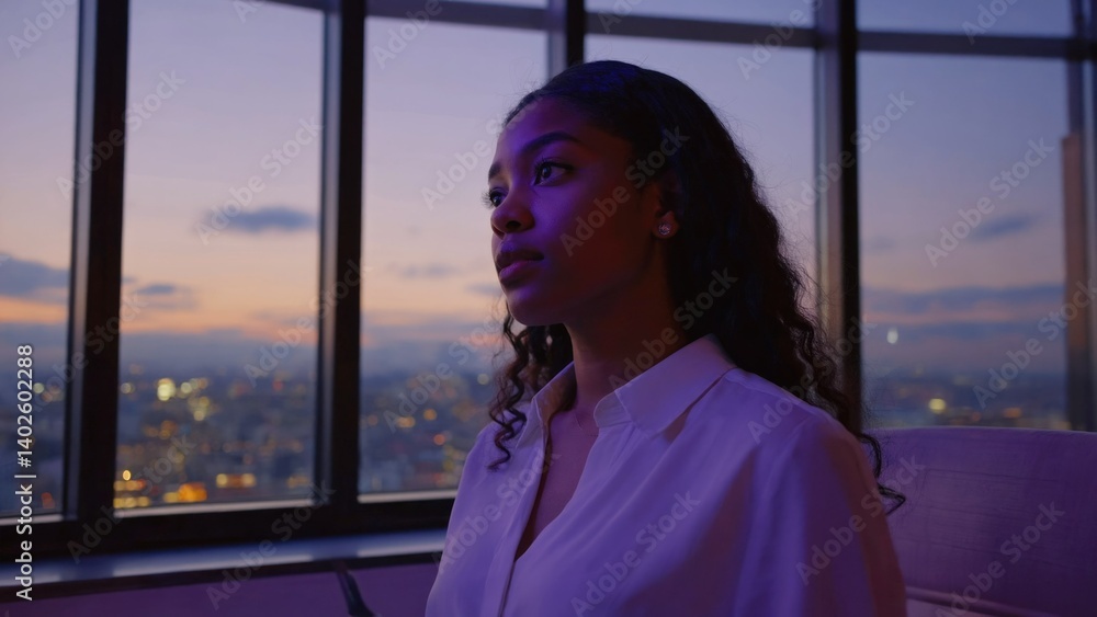 Woman gazing at the sunset in an urban setting.