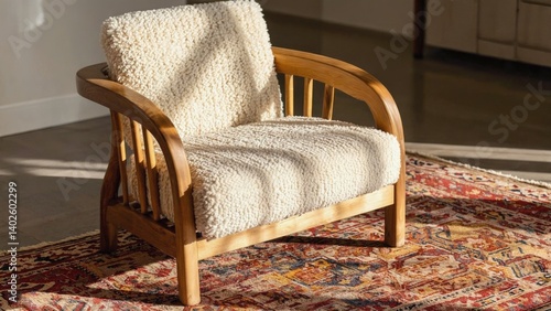 Obraz na płótnie Soft fuzzy blanket on wooden chair in cozy home interior. Folded legs and plush cushioning for relaxation. w salonie