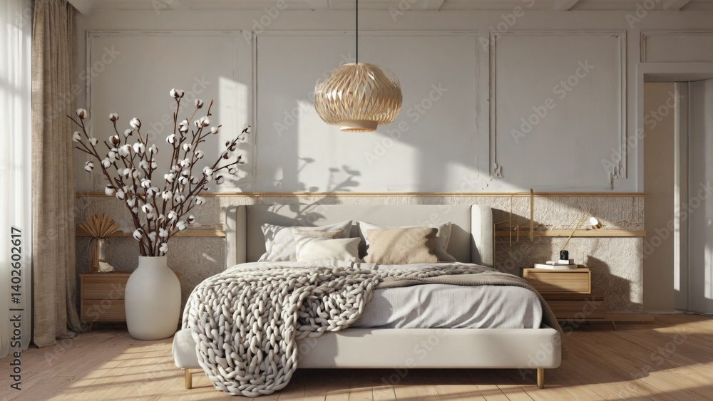 Clean, bright design with neutral color palette and natural lighting. Includes bed, nightstands, wall decor, and floor lamp.