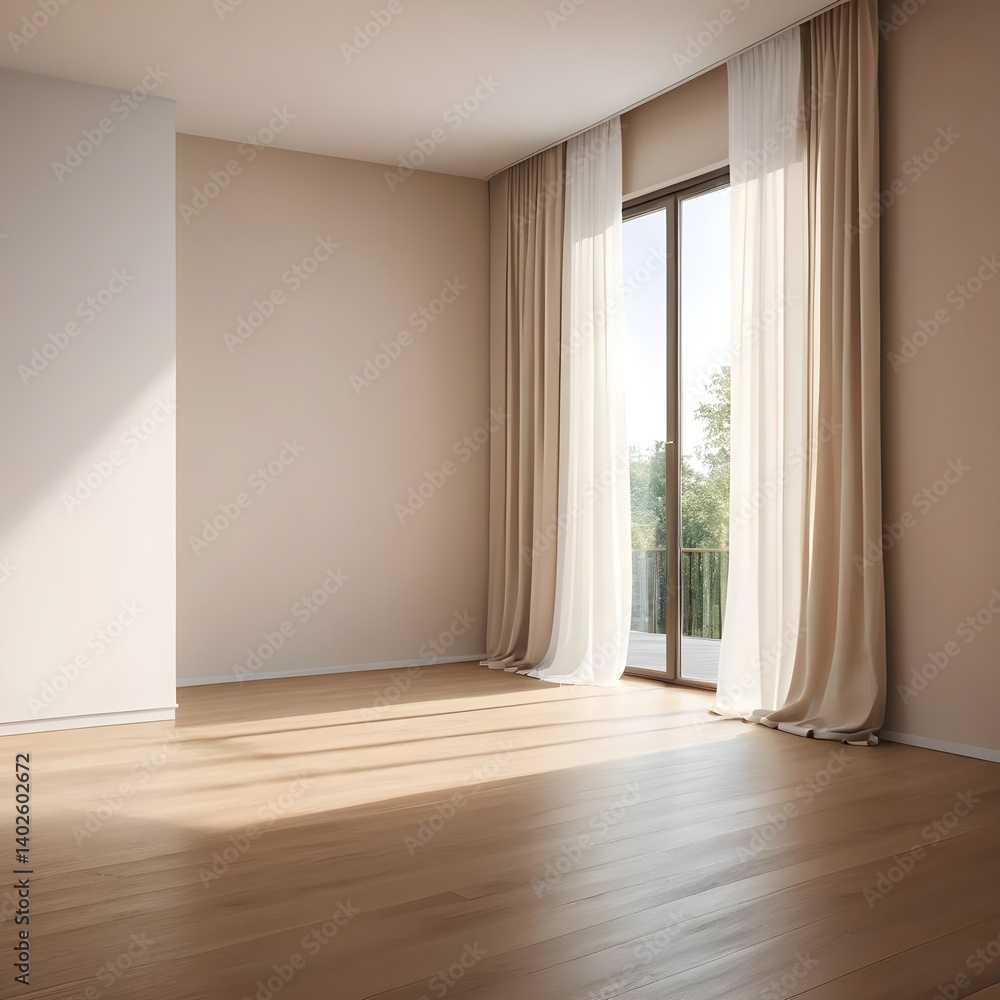 Fototapeta premium Empty Modern Room with Large Window and Beige Curtains