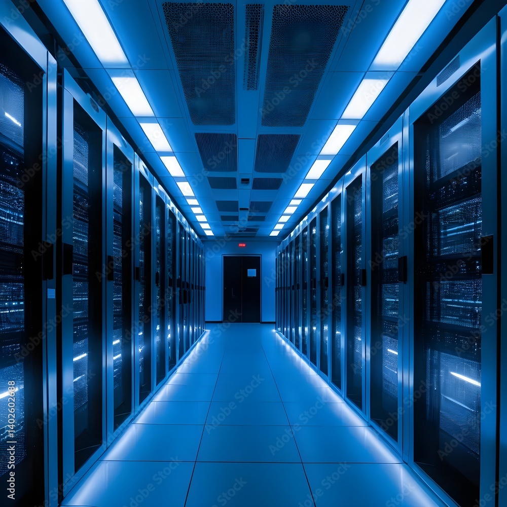 Blue Lit Server Room Corridor Blue Lit Server Room Corridor