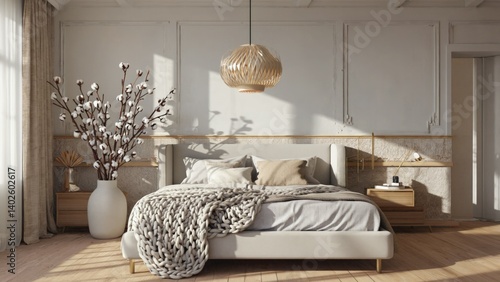 Obraz na płótnie Clean, bright design with neutral color palette and natural lighting. Includes bed, nightstands, wall decor, and floor lamp. w salonie