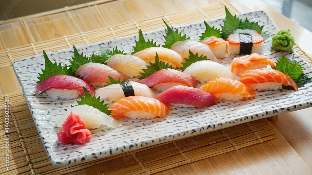 A selection of fresh sushi and seafood, meticulously arranged on a rectangular plate with chopsticks.