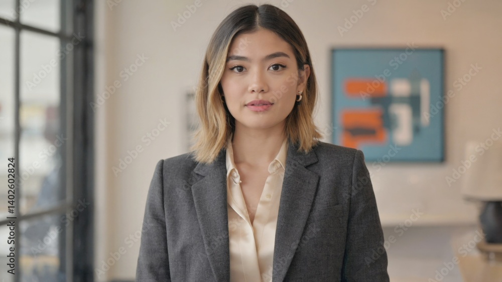 Young Asian businesswoman in a professional office setting, wearing smart attire.